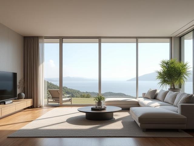 Moderne åpen stue med store vinduer og designmøbler