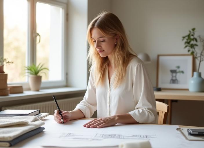 En inspirerende interiørdesigner som skisserer i et lyst studio med naturlig lys, omgitt av stoffprøver og designbøker.