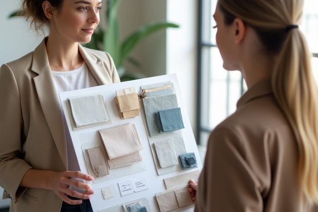 Interiørdesigner som presenterer moodboard for klient